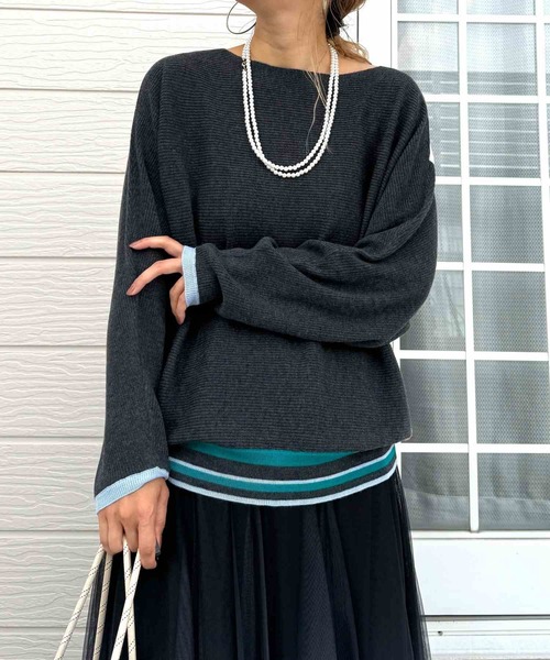 Q（キュー）の「横リブマルチボーダードルマンニット（ニット/セーター・レディース・ホワイト/ブラック・MEDIUM）」の2枚目の写真