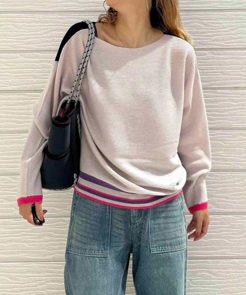 Q（キュー）の「横リブマルチボーダードルマンニット（ニット/セーター・レディース・ホワイト/ブラック・MEDIUM）」の4枚目の写真