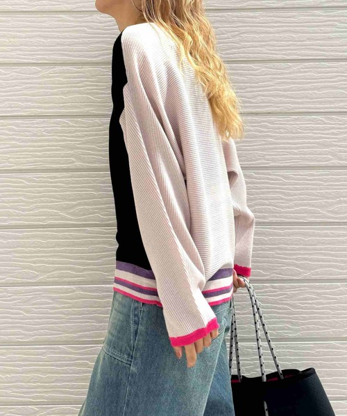 Q（キュー）の「横リブマルチボーダードルマンニット（ニット/セーター・レディース・ホワイト/ブラック・MEDIUM）」の3枚目の写真