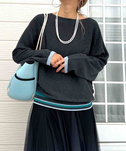 Q（キュー）の「横リブマルチボーダードルマンニット（ニット/セーター・レディース・ホワイト/ブラック・MEDIUM）」の10枚目の写真