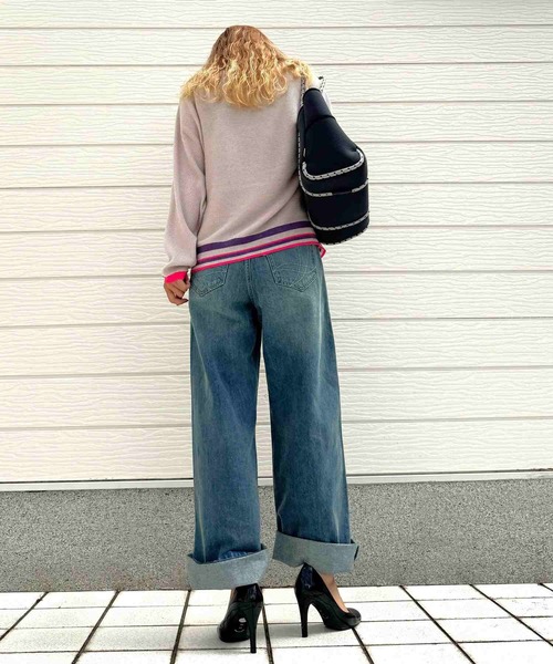 Q（キュー）の「横リブマルチボーダードルマンニット（ニット/セーター・レディース・ホワイト/ブラック・MEDIUM）」の6枚目の写真