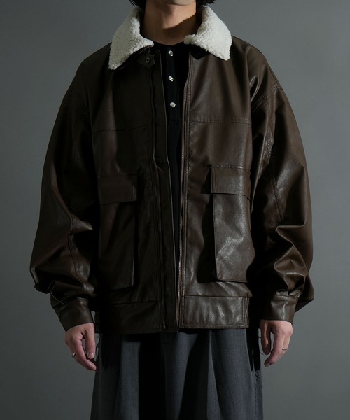 セール】2way ヴィンテージライク PU レザー 襟ボア A-2 ジップアップ