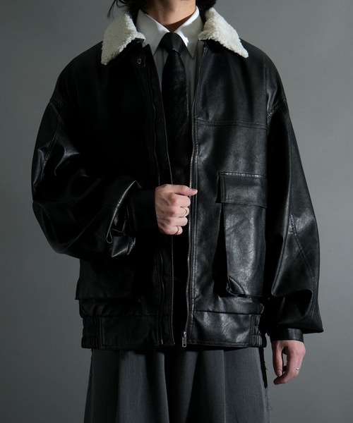 セール】2way ヴィンテージライク PU レザー 襟ボア A-2 ジップアップ