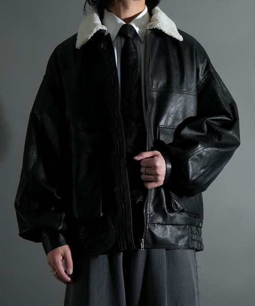 セール】2way ヴィンテージライク PU レザー 襟ボア A-2 ジップアップ