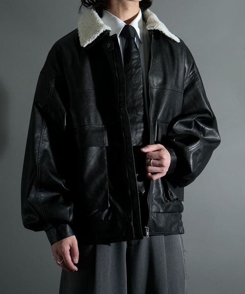 セール】2way ヴィンテージライク PU レザー 襟ボア A-2 ジップアップ