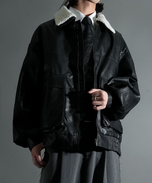セール】2way ヴィンテージライク PU レザー 襟ボア A-2 ジップアップ