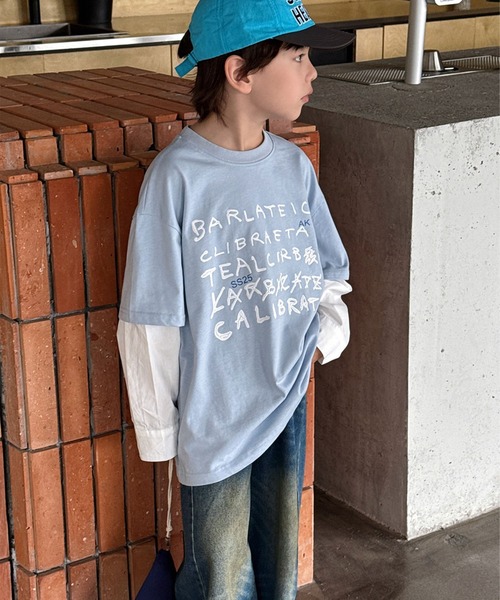 aimoha(アイモハ)の「【aimoha-KIDS-】手書き風 フェイクレイヤード ロングシャツ(Tシャツ/カットソー・キッズ・ブルー/オフホワイト・160/150/140/130/120)」の1枚目の写真