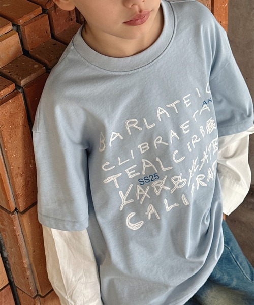 aimoha(アイモハ)の「【aimoha-KIDS-】手書き風 フェイクレイヤード ロングシャツ(Tシャツ/カットソー・キッズ・ブルー/オフホワイト・160/150/140/130/120)」の5枚目の写真