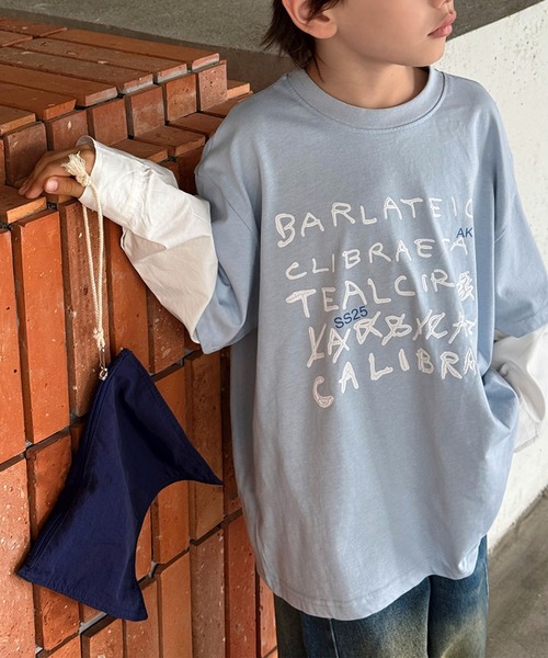 aimoha(アイモハ)の「【aimoha-KIDS-】手書き風 フェイクレイヤード ロングシャツ(Tシャツ/カットソー・キッズ・ブルー/オフホワイト・160/150/140/130/120)」の3枚目の写真