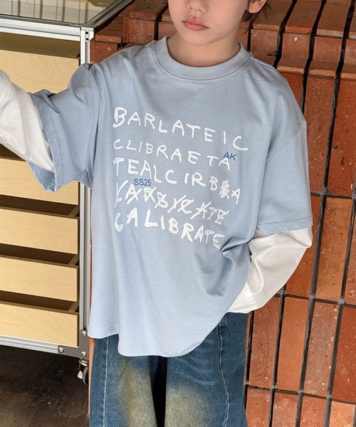 aimoha(アイモハ)の「【aimoha-KIDS-】手書き風 フェイクレイヤード ロングシャツ(Tシャツ/カットソー・キッズ・ブルー/オフホワイト・160/150/140/130/120)」の4枚目の写真