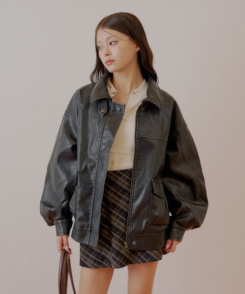 〚完売商品〛chico フェイクレザーミドルルーズジャケット REVIVAL/WEB限定】フェイクレザーミドルルーズジャケット