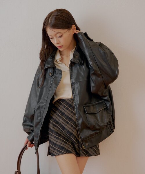 フェイクレザーミドルルーズジャケット REVIVAL/WEB限定】フェイクレザーミドルルーズジャケット