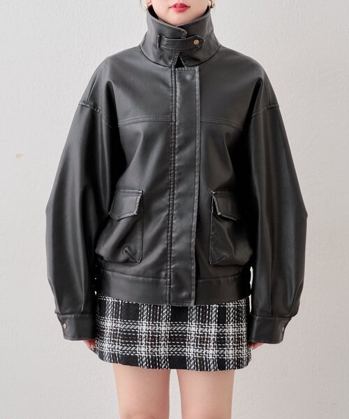Chico チコ　フェイクレザーミドルルーズジャケット ブラック REVIVAL/WEB限定】フェイクレザーミドルルーズジャケット