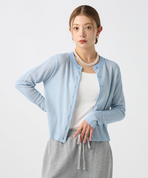 BAYFLOW（ベイフロー）の「[季節の変わり目に羽織れる]シアーリブニットカーディガン（カーディガン/ボレロ・レディース・ライトブルー/ブラック/オフホワイト/マスタード・FREE）」の4枚目の写真