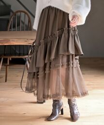 チュールフリル切替アシメトリースカート