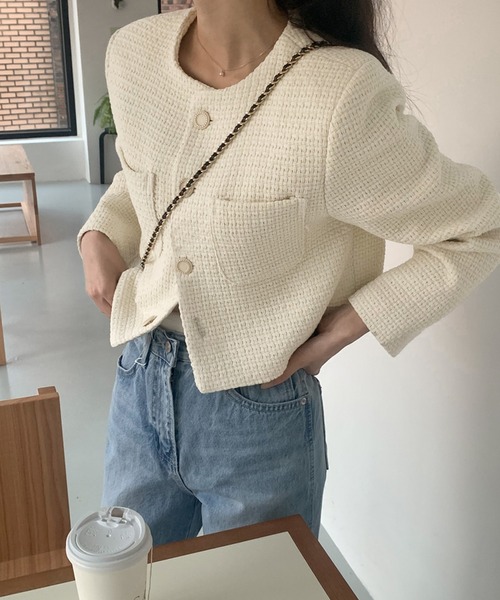 LAFFMO(ラフモ)の「ノーカラーツイードショートジャケット(その他アウター・レディース・アイボリー/ブラック・F)」の3枚目の写真