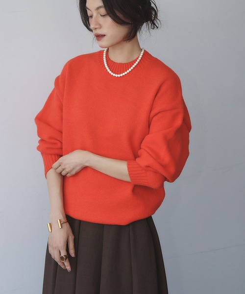 crewre 赤色 長袖ニットセーター ヤクライククルーネックニット(39-0246)