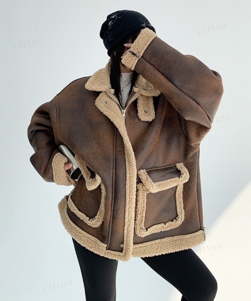 韓国ファッション ダブルポケットボアムートンコート（ムートンコート