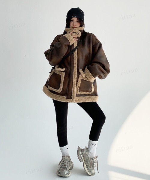 韓国ファッション ダブルポケットボアムートンコート（ムートンコート