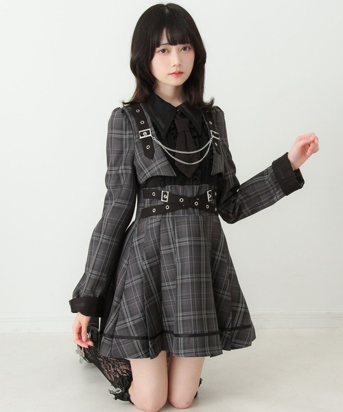 DearMyLove（ディアマイラブ）の「ジャケット風チェーンネクタイベルトプリーツワンピース（ワンピース・レディース・チェック/ボルドー/ブラック・LARGE/MEDIUM/3L/LL）」の3枚目の写真