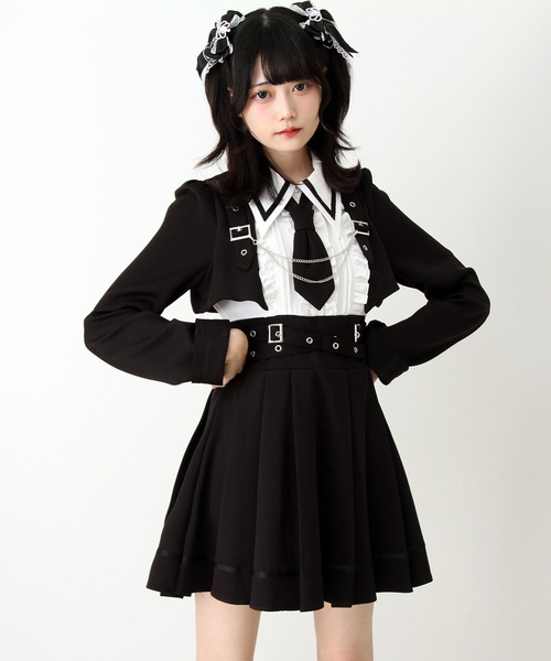 夢展望 ジャケット風チェーンネクタイベルトプリーツワンピース 予約 01/30発送】ジャケット風チェーンネクタイベルトプリーツ