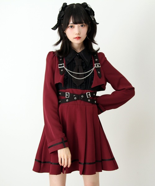 DearMyLove（ディアマイラブ）の「ジャケット風チェーンネクタイベルトプリーツワンピース（ワンピース・レディース・チェック/ボルドー/ブラック・LARGE/MEDIUM/3L/LL）」の6枚目の写真