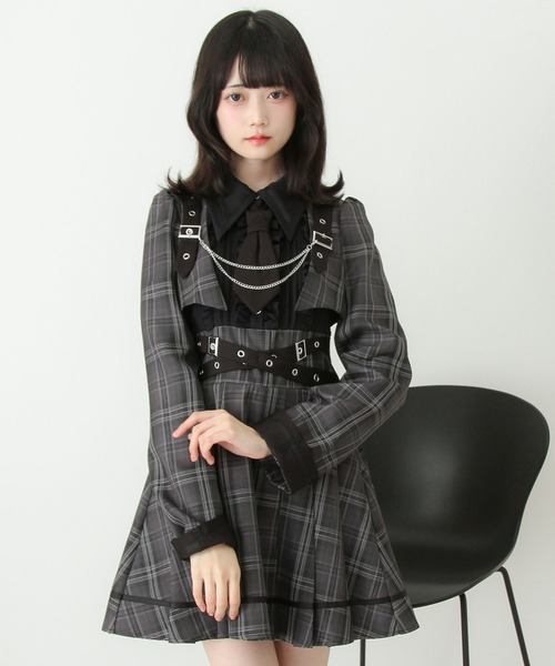 DearMyLove（ディアマイラブ）の「ジャケット風チェーンネクタイベルトプリーツワンピース（ワンピース・レディース・チェック/ボルドー/ブラック・LARGE/MEDIUM/3L/LL）」の9枚目の写真