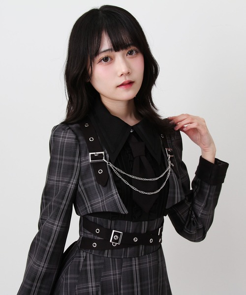 ジャケット風チェーンネクタイベルトプリーツワンピース（ワンピース