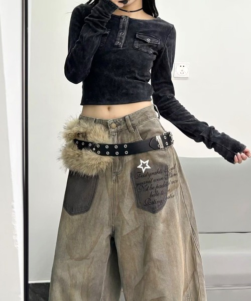 SHEENA(シーナ)の「ヴィンテージライクオーバーダイロゴプリントデニムワイドパンツ(デニムパンツ・レディース・ベージュ・S/M/L)」の13枚目の写真