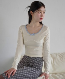 ネックラインバイカラー&リボンデザインクロップド丈ちびTシャツ長袖カットソー