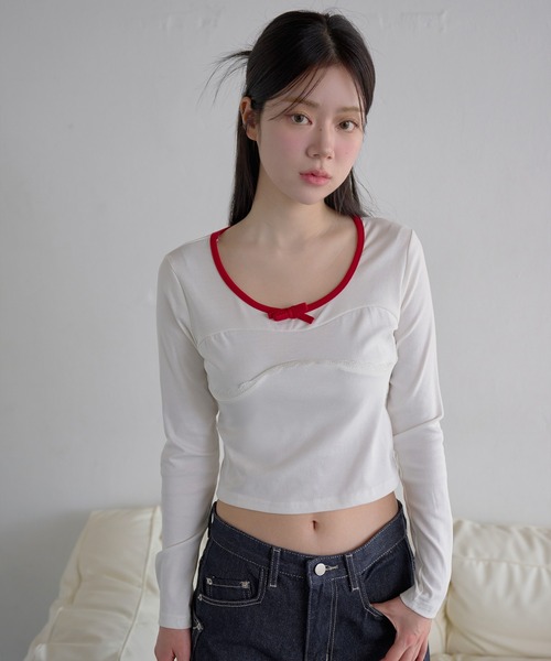 UNE MANSION(ユヌマンション)の「ネックラインバイカラー&リボンデザインクロップド丈ちびTシャツ長袖カットソー(Tシャツ/カットソー・レディース・ブラック/クリーム/ホワイト・FREE)」の17枚目の写真