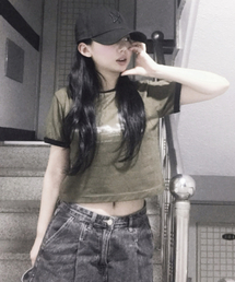 JUAN HOMME（ジュアンオム）の「オノレ・デ・ヴィルザックリンガークロップハーフスリーブ（カーキ）（Tシャツ/カットソー）」