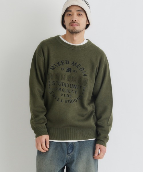 BACK NUMBER（バックナンバー）の「【BACK NUMBER】アクリルサークルロゴクルーネックセーター (カジュアル/遊び心/リラックス/耐久性)（ニット/セーター・メンズ・オリーブ/ホワイト/イエロー・L/XL/M）」の3枚目の写真