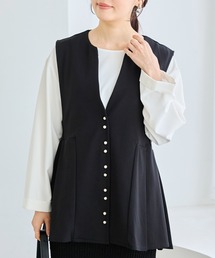 【好機能シリーズ】接触冷感・吸水速乾|ダブルパール釦タックベスト│一枚で洗練スタイル/セットアップ対応/ジレ/オフィス/レイヤード/洗える/体型カバー