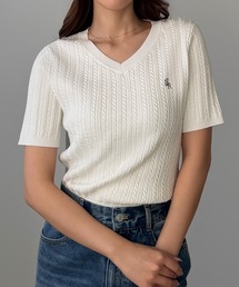 Vネックロゴ刺繍半袖ケーブルニットトップス