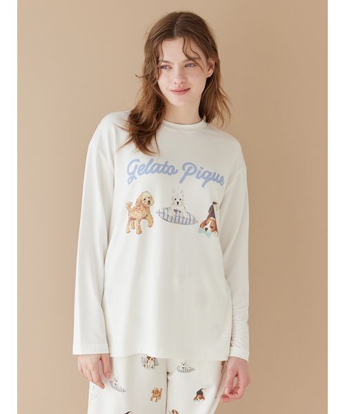 gelato pique(ジェラートピケ)の「【UNISEX】プレイフルDOGワンポイントロンT(ルームウェア/パジャマ・レディース・オフホワイト/グレー・S-M/M-L)」の4枚目の写真