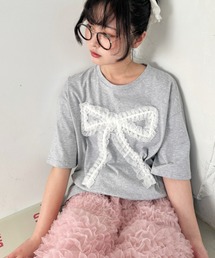 レースリボンドッキング半袖Tシャツ