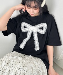 レースリボンドッキング半袖Tシャツ