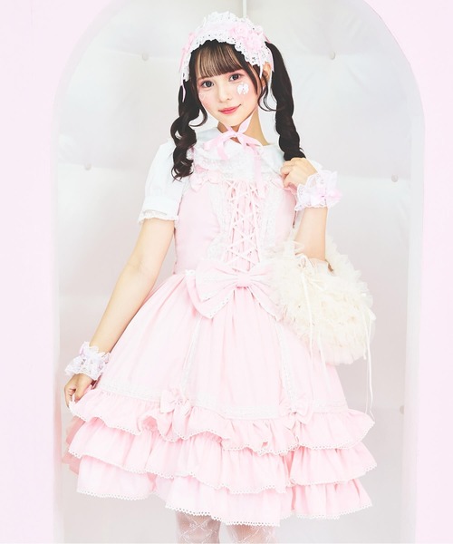 BODYLINE（ボディライン）の「レースアップリボンフリルジャンパースカート（ワンピース・レディース・ピンク/ブラック/ブラック×ホワイト・2L/L/4L/M）」の3枚目の写真