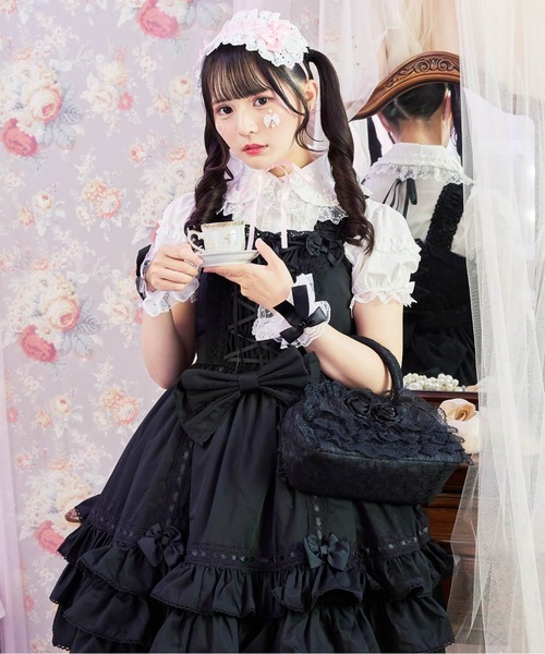 BODYLINE（ボディライン）の「レースアップリボンフリルジャンパースカート（ワンピース・レディース・ピンク/ブラック/ブラック×ホワイト・2L/L/4L/M）」の2枚目の写真