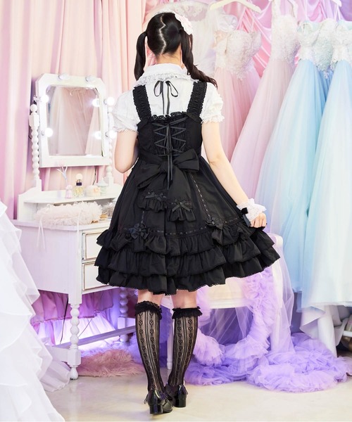 BODYLINE（ボディライン）の「レースアップリボンフリルジャンパースカート（ワンピース・レディース・ピンク/ブラック/ブラック×ホワイト・2L/L/4L/M）」の7枚目の写真