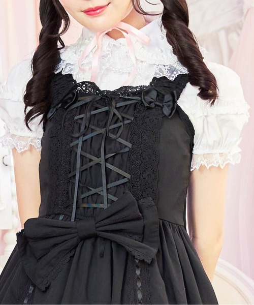 BODYLINE（ボディライン）の「レースアップリボンフリルジャンパースカート（ワンピース・レディース・ピンク/ブラック/ブラック×ホワイト・2L/L/4L/M）」の8枚目の写真