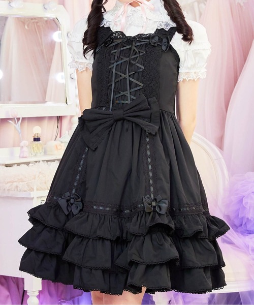 BODYLINE（ボディライン）の「レースアップリボンフリルジャンパースカート（ワンピース・レディース・ピンク/ブラック/ブラック×ホワイト・2L/L/4L/M）」の11枚目の写真