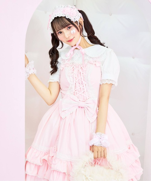 BODYLINE（ボディライン）の「レースアップリボンフリルジャンパースカート（ワンピース・レディース・ピンク/ブラック/ブラック×ホワイト・2L/L/4L/M）」の19枚目の写真