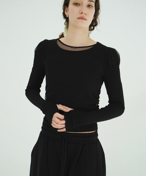 CLANE(クラネ)の「LAYERED TULLE RIBBON CUT TOPS(Tシャツ/カットソー・レディース・アイボリー/ブラック/グレー・1/2)」の17枚目の写真