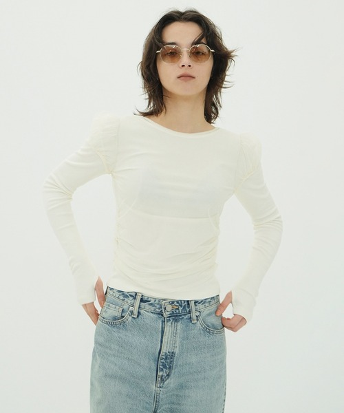 CLANE(クラネ)の「LAYERED TULLE RIBBON CUT TOPS(Tシャツ/カットソー・レディース・アイボリー/ブラック/グレー・1/2)」の4枚目の写真