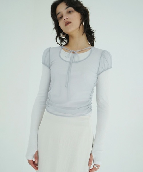 CLANE(クラネ)の「LAYERED TULLE RIBBON CUT TOPS(Tシャツ/カットソー・レディース・アイボリー/ブラック/グレー・1/2)」の12枚目の写真