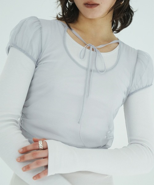 CLANE(クラネ)の「LAYERED TULLE RIBBON CUT TOPS(Tシャツ/カットソー・レディース・アイボリー/ブラック/グレー・1/2)」の11枚目の写真