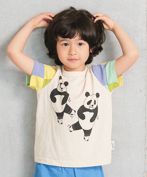 JIPPON（ジポン）の「【JIPPON/日本製】半袖パッチワークパンダT（Tシャツ/カットソー・キッズ・チャコール/ホワイト系その他2/ホワイト系その他/ライトピンク/オフホワイト/アイボリー・80/90/95/100/110/120/130）」の2枚目の写真
