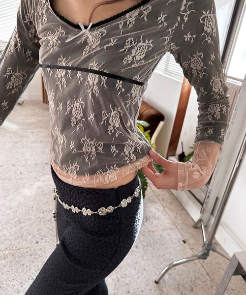 LAFFMO（ラフモ）の「シアーレースレイヤードトップス（Tシャツ/カットソー・レディース・ホワイト/ベージュ/ブラック・F）」の7枚目の写真